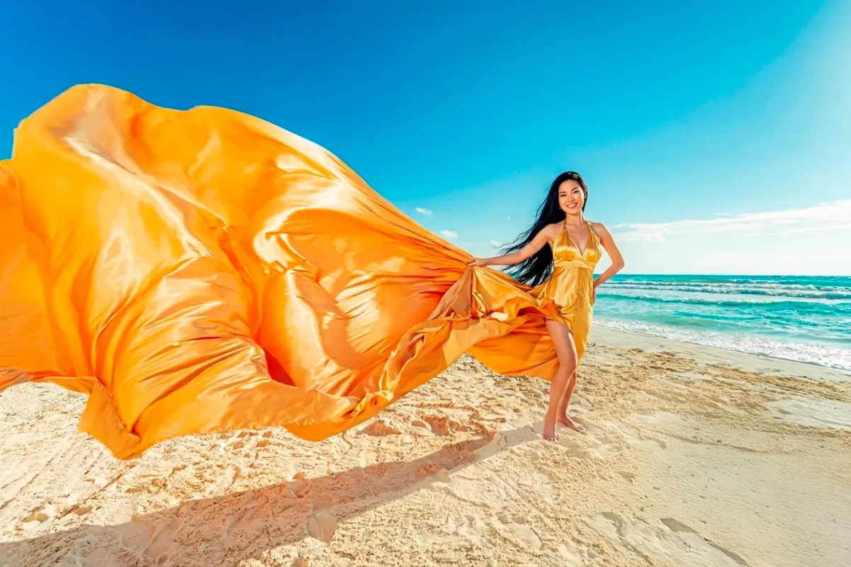 Yellow Flying Dress photoshoot on Cancun beach, Mexico