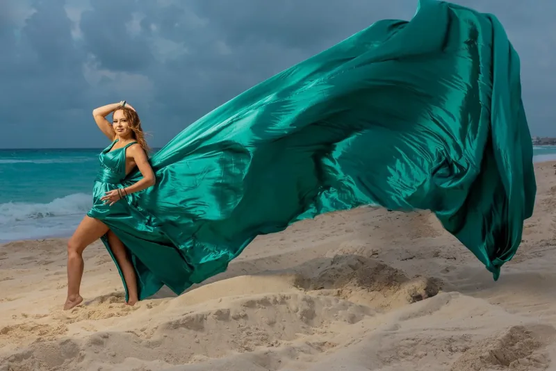 Emerald green Flying Dress photoshoot on Cancun beach