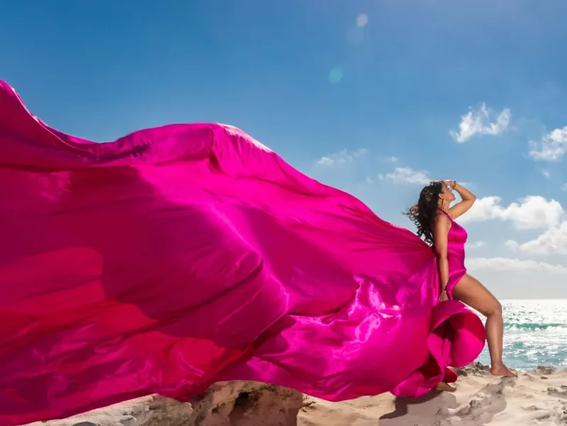 Fuchsia satin Flying Dress photoshoot in Cancun, Mexico