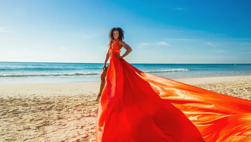 Orange Flying Dress photoshoot on Cancun beach, Mexico
