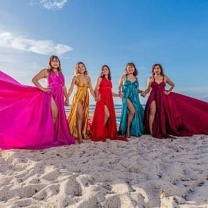 Family Flying Dress photoshoot session on Cancun shore