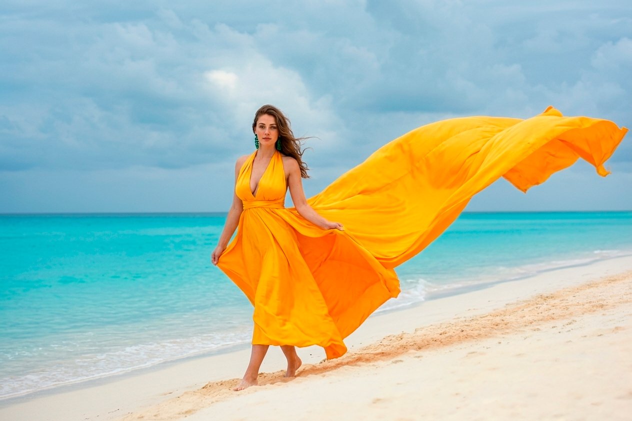 Sesión de vestido volador en playa de Cancún por Pro Art Photographers