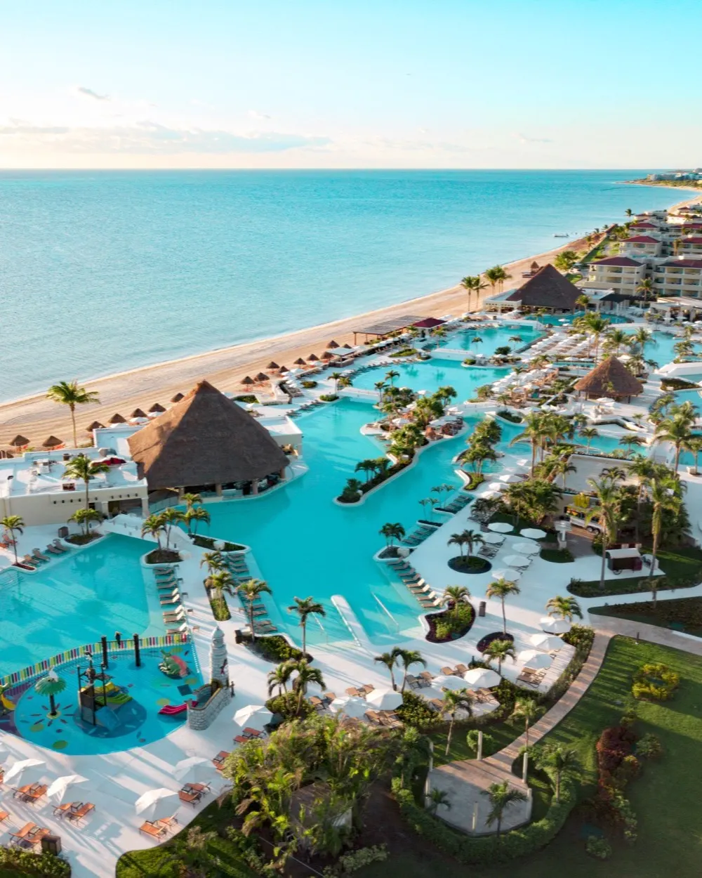 Aerial view of the Moon Palace Cancun mega-resort and its beachfront south of the Cancun airport