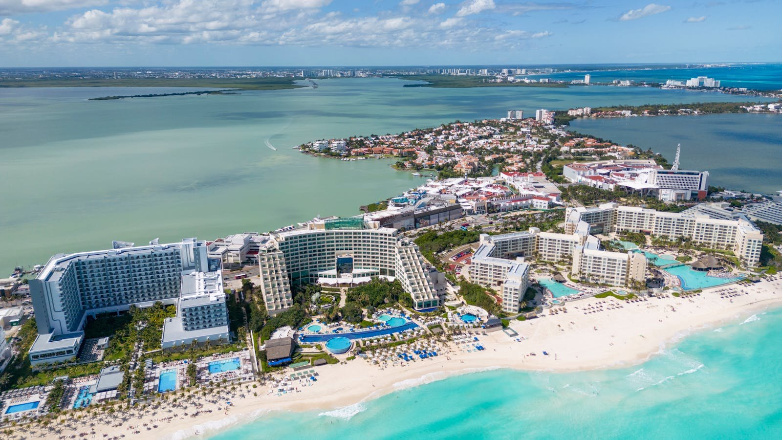 Aerial view of the secluded Punta Nizuc resort zone in Cancun where Pro Art Photographers shoots flying dress sessions