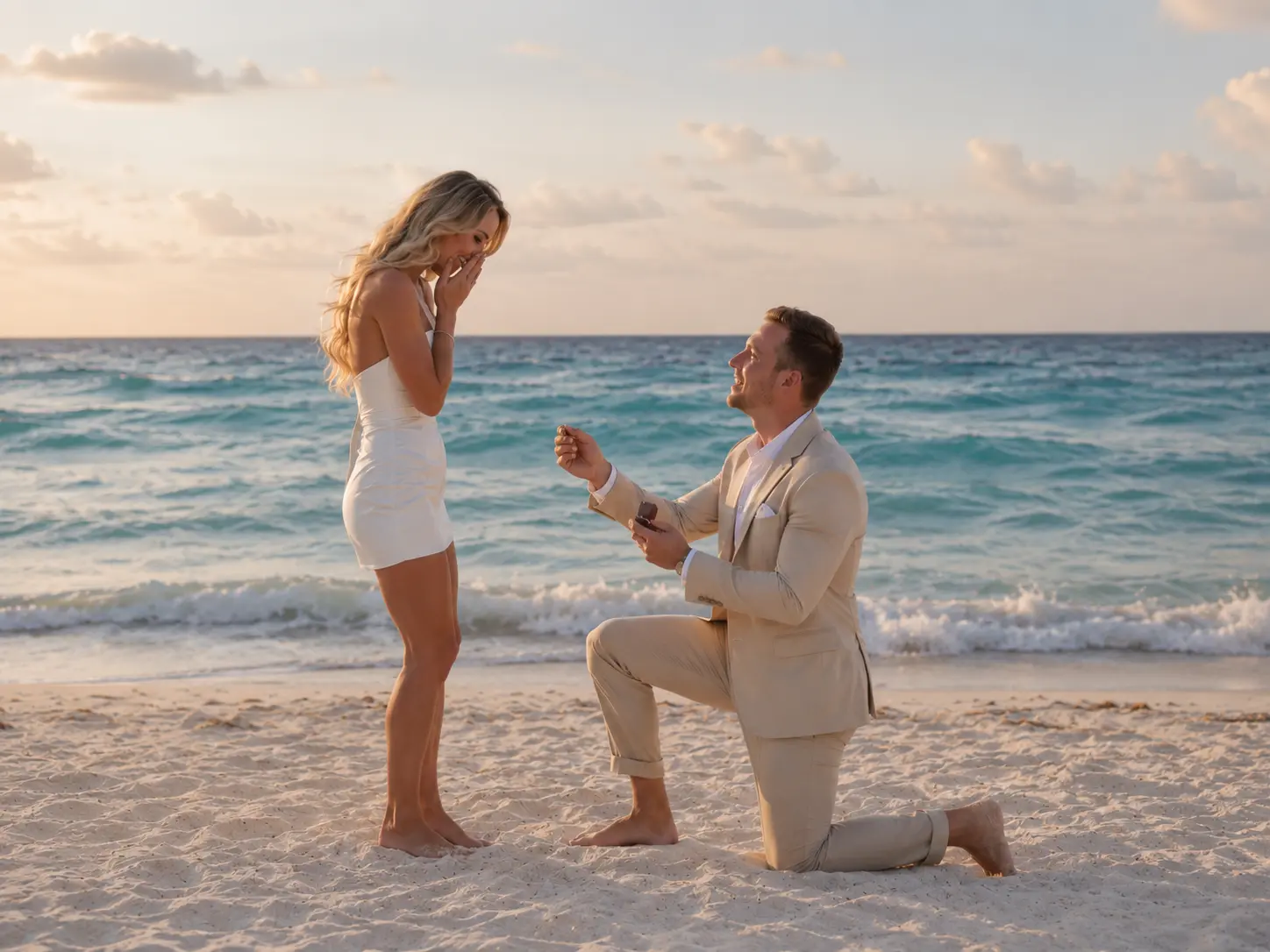 Proposal photographed at sunset on the quiet shoreline of Playa Mujeres