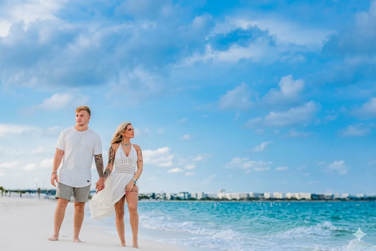 Couple courant dans les vagues en riant sur le sable public ouvert à Playa del Carmen
