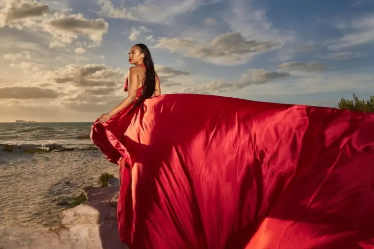 Flying Dress Photoshoot Cancun Red Sunset