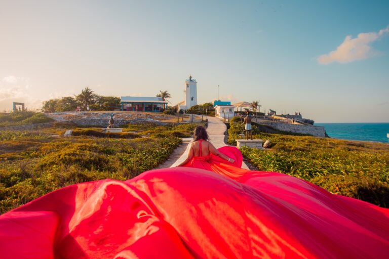 Red Satin Flying Dress Photoshoot