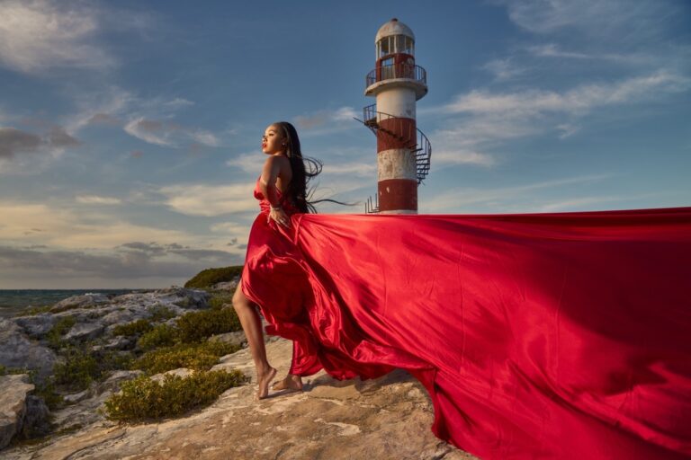 Red Satin Flying Dress Photoshoot